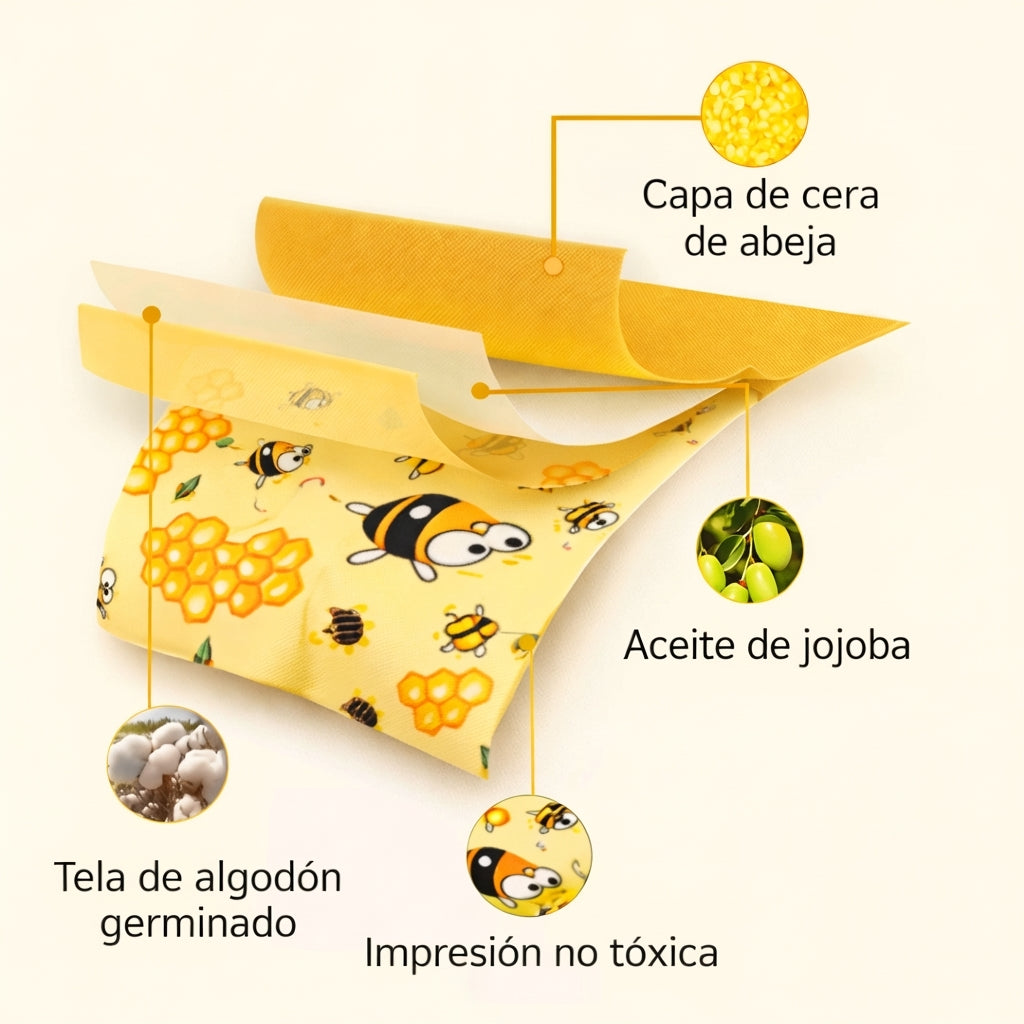Set de Envoltorios de Cera de Abeja Reutilizables (3 Piezas)