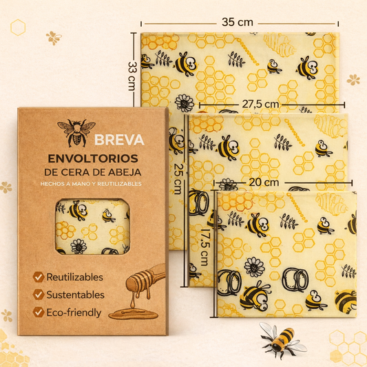Set de Envoltorios de Cera de Abeja Reutilizables (3 Piezas)